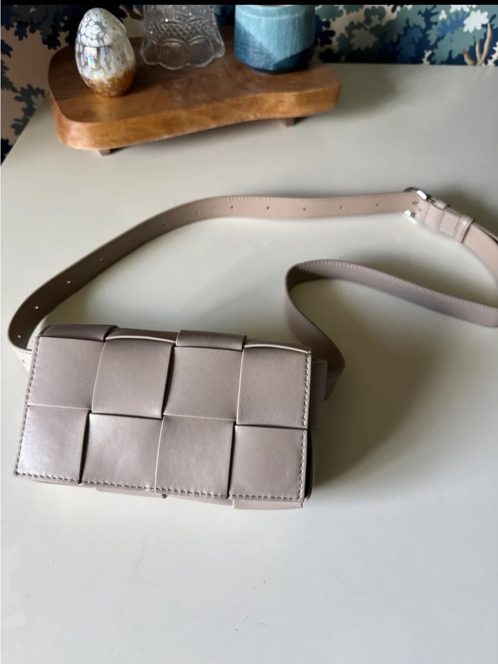 Quince Italian Leather Handwoven Box Belt Bag in Taupe - Picture 9 of 12